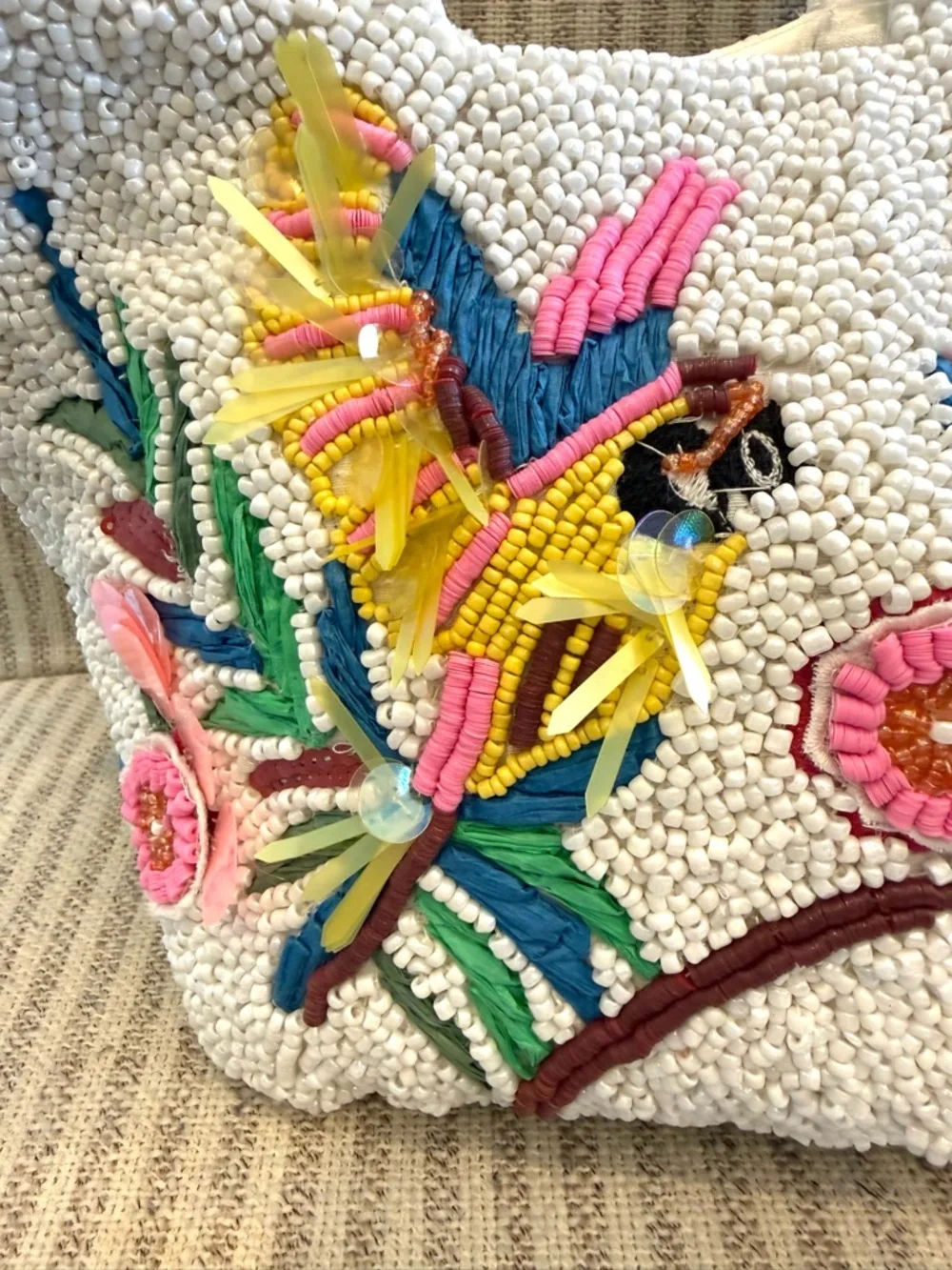 Made in India White Beaded Tote w/ Colorful Embroidered Parrot & Floral Accents - Picture 2 of 7